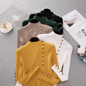 New Fashion Button Turtleneck Sweater Women Spring Autumn Solid Knitted Pullover Women Slim Soft Jumper Sweater Female Knit Tops