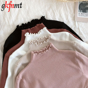 Turtleneck Ruched Women Sweater High Elastic Solid 2019 Fall Winter Fashion Sweater Women Slim Sexy Knitted Pullovers Pink White