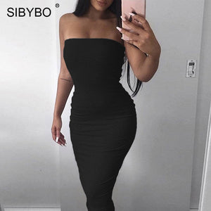 Sibybo Off Shoulder Strapless Sexy Women Dress Sleeveless Straight Long Bodycon Dress Backless Casual Autumn Party Dress Women