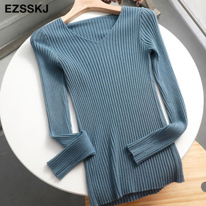 2019 basic v-neck solid autumn winter Sweater Pullover Women Female Knitted sweater slim long sleeve badycon sweater cheap