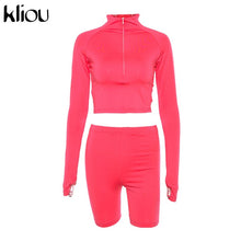 Load image into Gallery viewer, Kliou New Female Fluorescence Fitness Two Pieces Sets 2019 Autumn Full Sleeve Zipper Turtleneck Tops And High Waist Shorts Suits