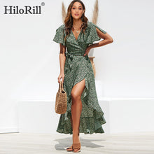 Load image into Gallery viewer, Beach Maxi Dress Women Floral Print Boho Long Chiffon Dress Ruffles Wrap Casual V-Neck Split Sexy Party Dress Robe Femme