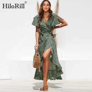 Beach Maxi Dress Women Floral Print Boho Long Chiffon Dress Ruffles Wrap Casual V-Neck Split Sexy Party Dress Robe Femme