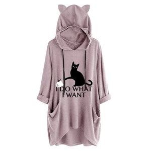 2019 Women Casual Hoodies Print Cat Ear Hooded Long Roll Up Sleeve Pocket Irregular Top Blouse Feminine Oversize Sweatshirts