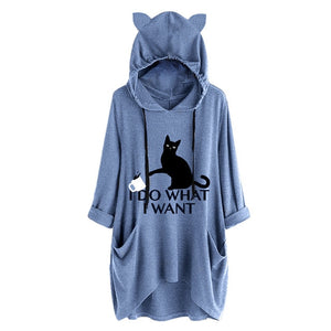 2019 Women Casual Hoodies Print Cat Ear Hooded Long Roll Up Sleeve Pocket Irregular Top Blouse Feminine Oversize Sweatshirts