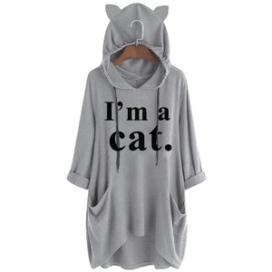 2019 Women Casual Hoodies Print Cat Ear Hooded Long Roll Up Sleeve Pocket Irregular Top Blouse Feminine Oversize Sweatshirts