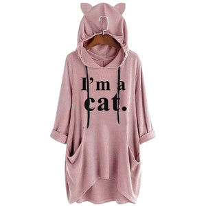 2019 Women Casual Hoodies Print Cat Ear Hooded Long Roll Up Sleeve Pocket Irregular Top Blouse Feminine Oversize Sweatshirts