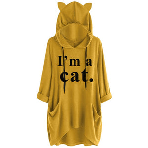 2019 Women Casual Hoodies Print Cat Ear Hooded Long Roll Up Sleeve Pocket Irregular Top Blouse Feminine Oversize Sweatshirts