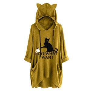 2019 Women Casual Hoodies Print Cat Ear Hooded Long Roll Up Sleeve Pocket Irregular Top Blouse Feminine Oversize Sweatshirts