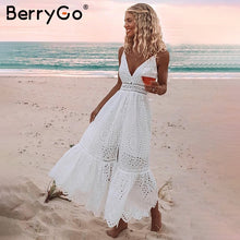 Load image into Gallery viewer, BerryGo White pearls sexy women summer dress 2019 Hollow out embroidery maxi cotton dresses Evening party long ladies vestidos