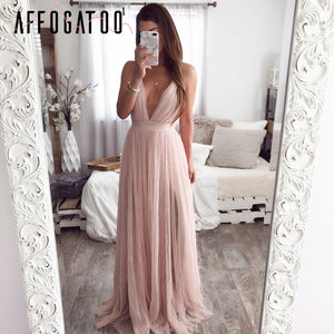 Affogatoo Sexy deep v neck backless summer pink dress women Elegant lace evening maxi dress Holiday long party dress ladies 2019