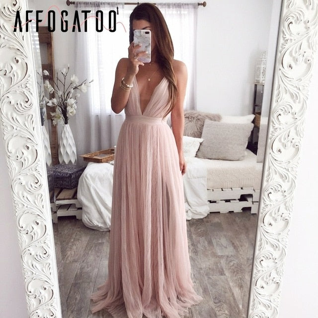 Affogatoo Sexy deep v neck backless summer pink dress women Elegant lace evening maxi dress Holiday long party dress ladies 2019