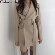 Load image into Gallery viewer, Colorfaith New 2019 Autumn Winter Women&#39;s Blazers Sashes Jackets Notched Outerwear England Style Solid Cardigan Tops JK9715