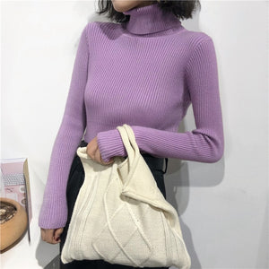 2019 Autumn Winter Thick Sweater Women Knitted Ribbed Pullover Sweater Long Sleeve Turtleneck Slim Jumper Soft Warm Pull Femme