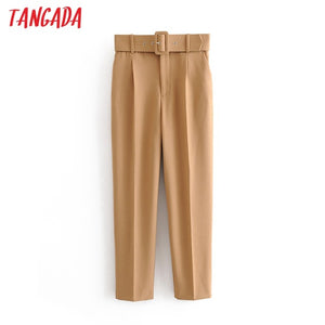 Tangada black suit pants woman high waist pants sashes pockets office ladies pants fashion middle aged pink yellow pants 6A22