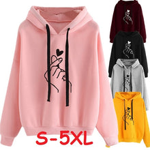 Load image into Gallery viewer, Women Hoodies Casual Kpop Finger Heart Love Pattern Hooded Sweatshirts Fashion Drawstring Long Sleeve Female Pullovers Plus Size