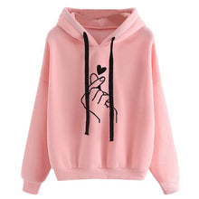 Load image into Gallery viewer, Women Hoodies Casual Kpop Finger Heart Love Pattern Hooded Sweatshirts Fashion Drawstring Long Sleeve Female Pullovers Plus Size