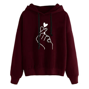 Women Hoodies Casual Kpop Finger Heart Love Pattern Hooded Sweatshirts Fashion Drawstring Long Sleeve Female Pullovers Plus Size