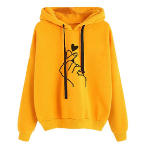 Women Hoodies Casual Kpop Finger Heart Love Pattern Hooded Sweatshirts Fashion Drawstring Long Sleeve Female Pullovers Plus Size