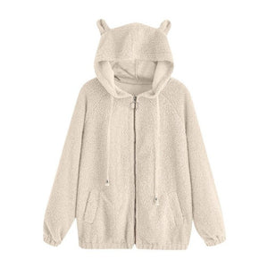 Women's Bear Ear Zip Pocket Long-sleeved Wool Sweatshirt Thick Warm Hooded  Solid Color Comfortable Autumn and Winter Jacket Coa