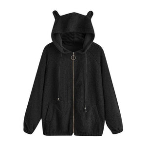 Women's Bear Ear Zip Pocket Long-sleeved Wool Sweatshirt Thick Warm Hooded  Solid Color Comfortable Autumn and Winter Jacket Coa