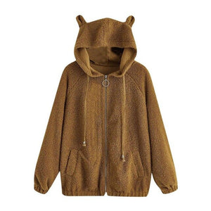 Women's Bear Ear Zip Pocket Long-sleeved Wool Sweatshirt Thick Warm Hooded  Solid Color Comfortable Autumn and Winter Jacket Coa