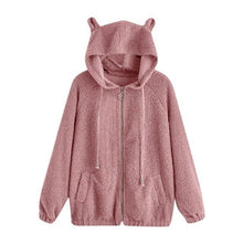 Load image into Gallery viewer, Women&#39;s Bear Ear Zip Pocket Long-sleeved Wool Sweatshirt Thick Warm Hooded  Solid Color Comfortable Autumn and Winter Jacket Coa