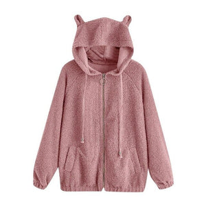 Women's Bear Ear Zip Pocket Long-sleeved Wool Sweatshirt Thick Warm Hooded  Solid Color Comfortable Autumn and Winter Jacket Coa