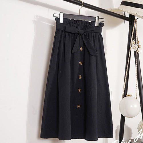 Summer Autumn Skirts Womens 2019 Midi Knee Length Korean Elegant Button High Waist Skirt Female Pleated School Skirt