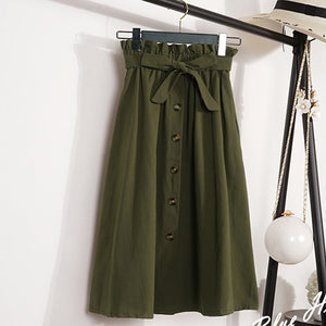 Summer Autumn Skirts Womens 2019 Midi Knee Length Korean Elegant Button High Waist Skirt Female Pleated School Skirt