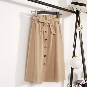 Summer Autumn Skirts Womens 2019 Midi Knee Length Korean Elegant Button High Waist Skirt Female Pleated School Skirt