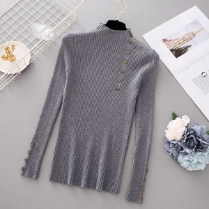 New Fashion Button Turtleneck Sweater Women Spring Autumn Solid Knitted Pullover Women Slim Soft Jumper Sweater Female Knit Tops