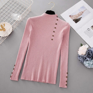 New Fashion Button Turtleneck Sweater Women Spring Autumn Solid Knitted Pullover Women Slim Soft Jumper Sweater Female Knit Tops