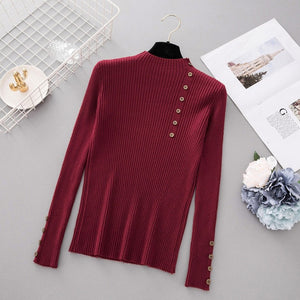 New Fashion Button Turtleneck Sweater Women Spring Autumn Solid Knitted Pullover Women Slim Soft Jumper Sweater Female Knit Tops