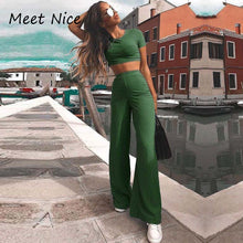 Load image into Gallery viewer, 2 Two Piece Set Women Ribbed O Neck Crop Top and Long Pants Set Sexy Autumn Short Sleeve Tracksuit Women Conjunto Feminino 2019