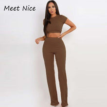 Load image into Gallery viewer, 2 Two Piece Set Women Ribbed O Neck Crop Top and Long Pants Set Sexy Autumn Short Sleeve Tracksuit Women Conjunto Feminino 2019