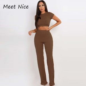 2 Two Piece Set Women Ribbed O Neck Crop Top and Long Pants Set Sexy Autumn Short Sleeve Tracksuit Women Conjunto Feminino 2019