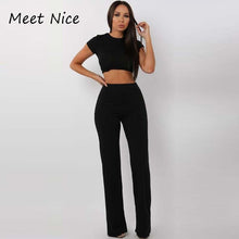 Load image into Gallery viewer, 2 Two Piece Set Women Ribbed O Neck Crop Top and Long Pants Set Sexy Autumn Short Sleeve Tracksuit Women Conjunto Feminino 2019