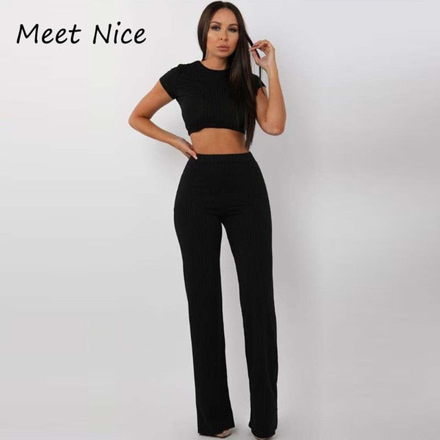 2 Two Piece Set Women Ribbed O Neck Crop Top and Long Pants Set Sexy Autumn Short Sleeve Tracksuit Women Conjunto Feminino 2019