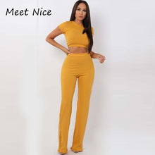 Load image into Gallery viewer, 2 Two Piece Set Women Ribbed O Neck Crop Top and Long Pants Set Sexy Autumn Short Sleeve Tracksuit Women Conjunto Feminino 2019