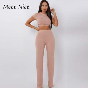 2 Two Piece Set Women Ribbed O Neck Crop Top and Long Pants Set Sexy Autumn Short Sleeve Tracksuit Women Conjunto Feminino 2019