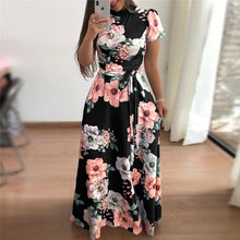 Load image into Gallery viewer, Women Dress Casual Short Sleeve Long Dress Boho Floral Print Maxi Dress Turtleneck Bandage Elegant Dresses Vestido