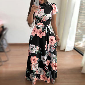 Women Dress Casual Short Sleeve Long Dress Boho Floral Print Maxi Dress Turtleneck Bandage Elegant Dresses Vestido