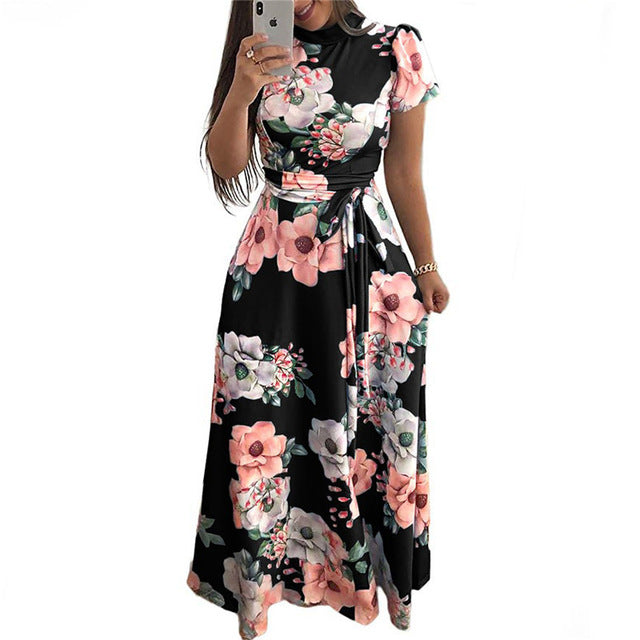 Women Dress Casual Short Sleeve Long Dress Boho Floral Print Maxi Dress Turtleneck Bandage Elegant Dresses Vestido