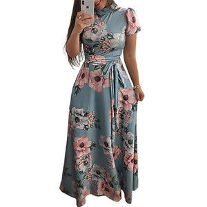 Women Dress Casual Short Sleeve Long Dress Boho Floral Print Maxi Dress Turtleneck Bandage Elegant Dresses Vestido