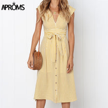 Load image into Gallery viewer, Aproms Vintage Stripe Print Midi Dress Women Elegant Deep V Sash Tie Up Bodycon Dresses Female Summer Streetwear Sundresses 2019