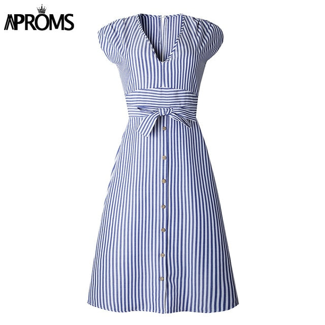 Aproms Vintage Stripe Print Midi Dress Women Elegant Deep V Sash Tie Up Bodycon Dresses Female Summer Streetwear Sundresses 2019