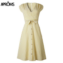 Load image into Gallery viewer, Aproms Vintage Stripe Print Midi Dress Women Elegant Deep V Sash Tie Up Bodycon Dresses Female Summer Streetwear Sundresses 2019