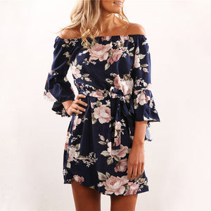 Women Dress Sexy Off Shoulder Floral Print Chiffon Dress Boho Style Short Party Beach Dresses Vestidos de fiesta