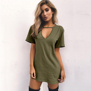 Women Tshirt Dress Choker V-neck Summer Dresses Short Sleeve Casual Sexy Halter Loose Boho Beach Dress Vestidos Plus Size